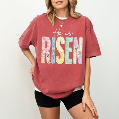 He Is Risen Easter T-Shirt, Christian Patchwork Faith Tee
