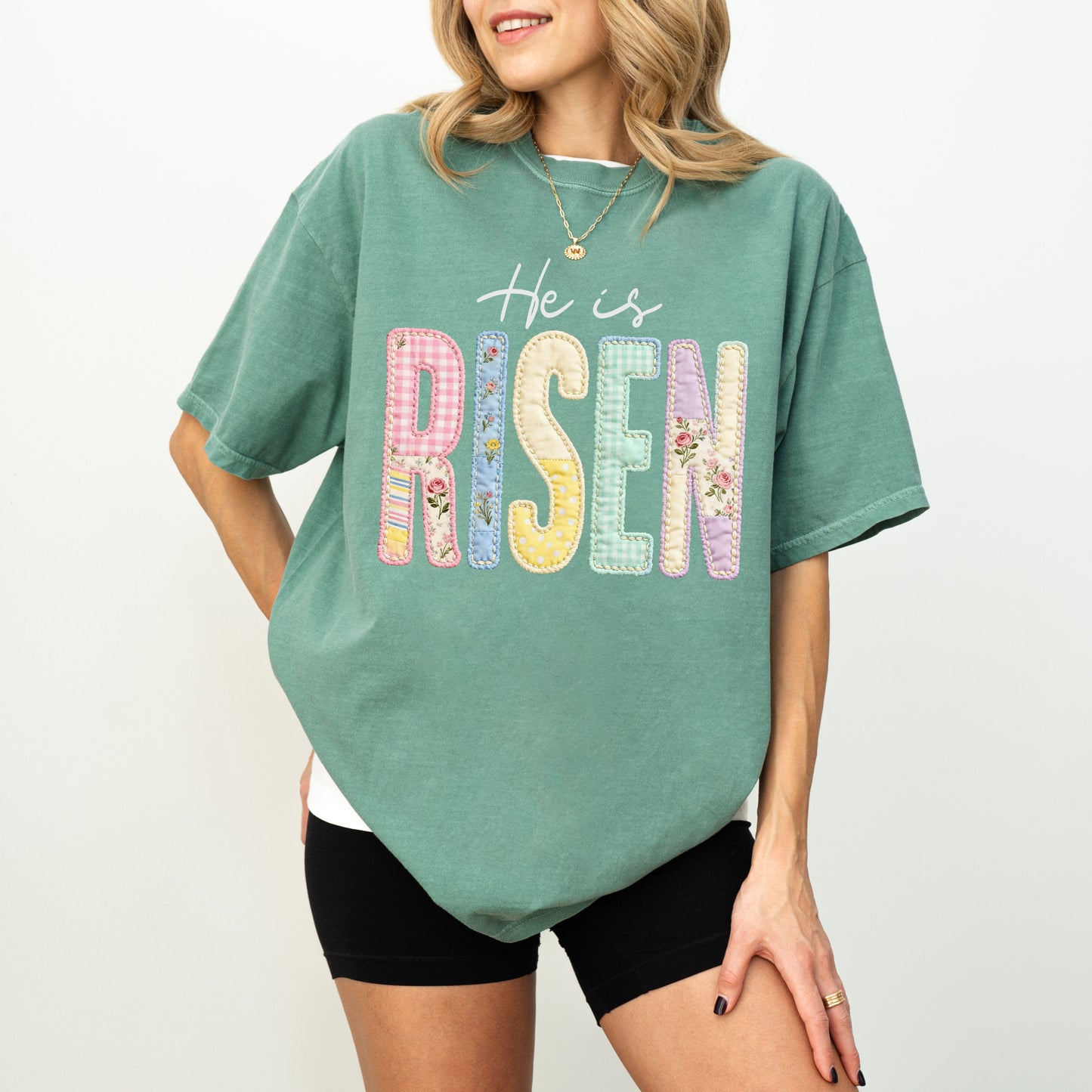 He Is Risen Easter T-Shirt, Christian Patchwork Faith Tee