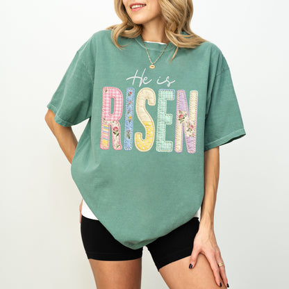 He Is Risen Easter T-Shirt, Christian Patchwork Faith Tee