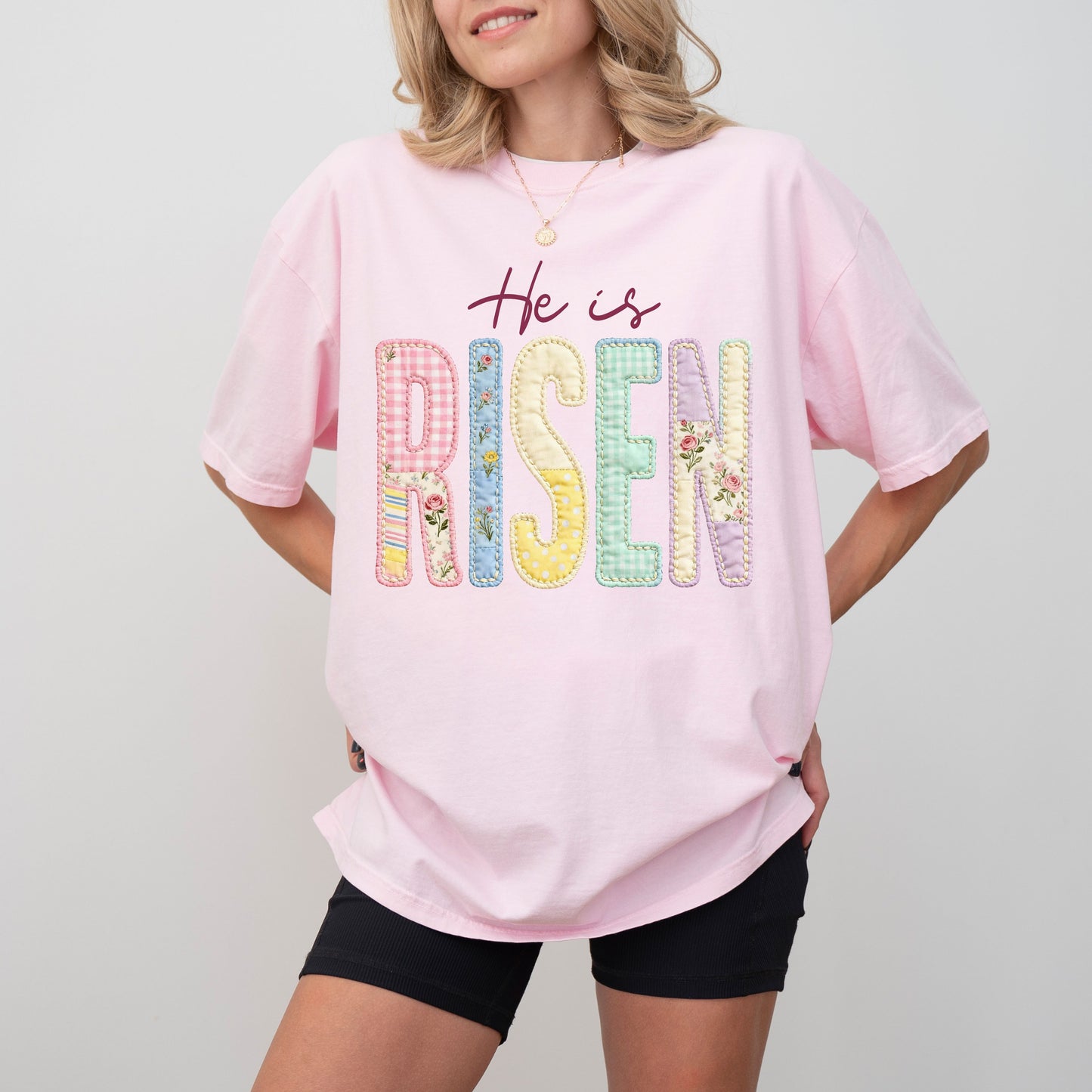 He Is Risen Easter T-Shirt, Christian Patchwork Faith Tee