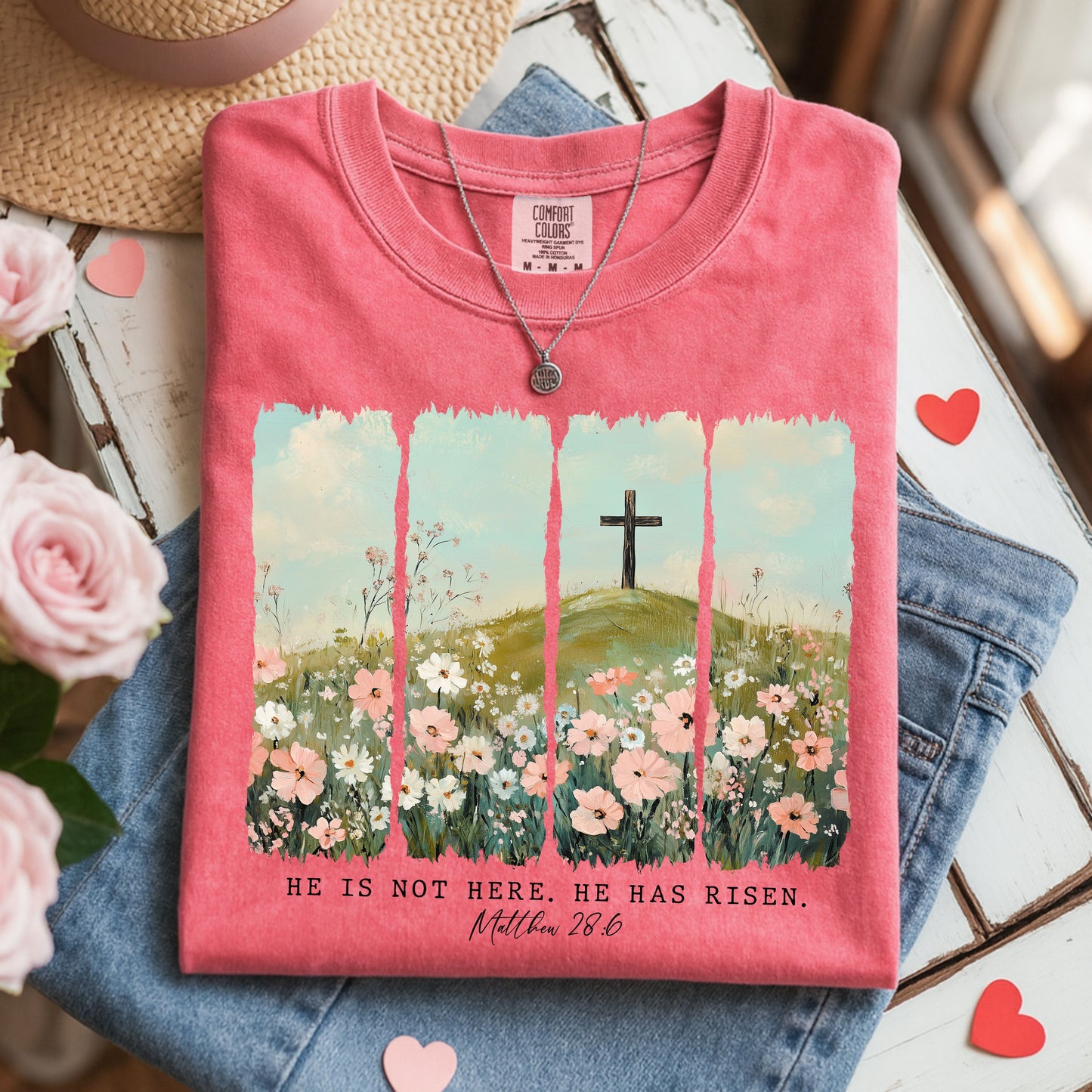 He Is Risen Easter T-Shirt, Matthew 28:6 Christian Shirt