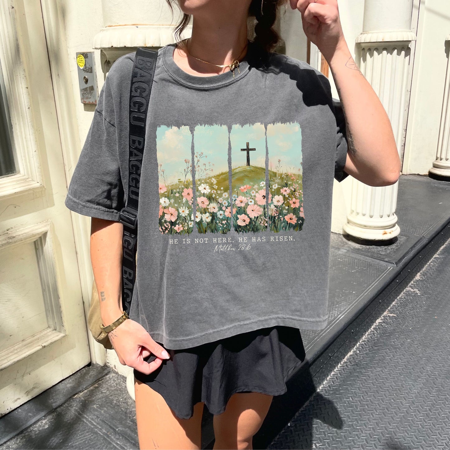 He Is Risen Easter Crop Top, Matthew 28:6 Christian Crop Tee