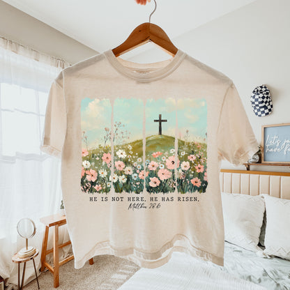 He Is Risen Easter Crop Top, Matthew 28:6 Christian Crop Tee