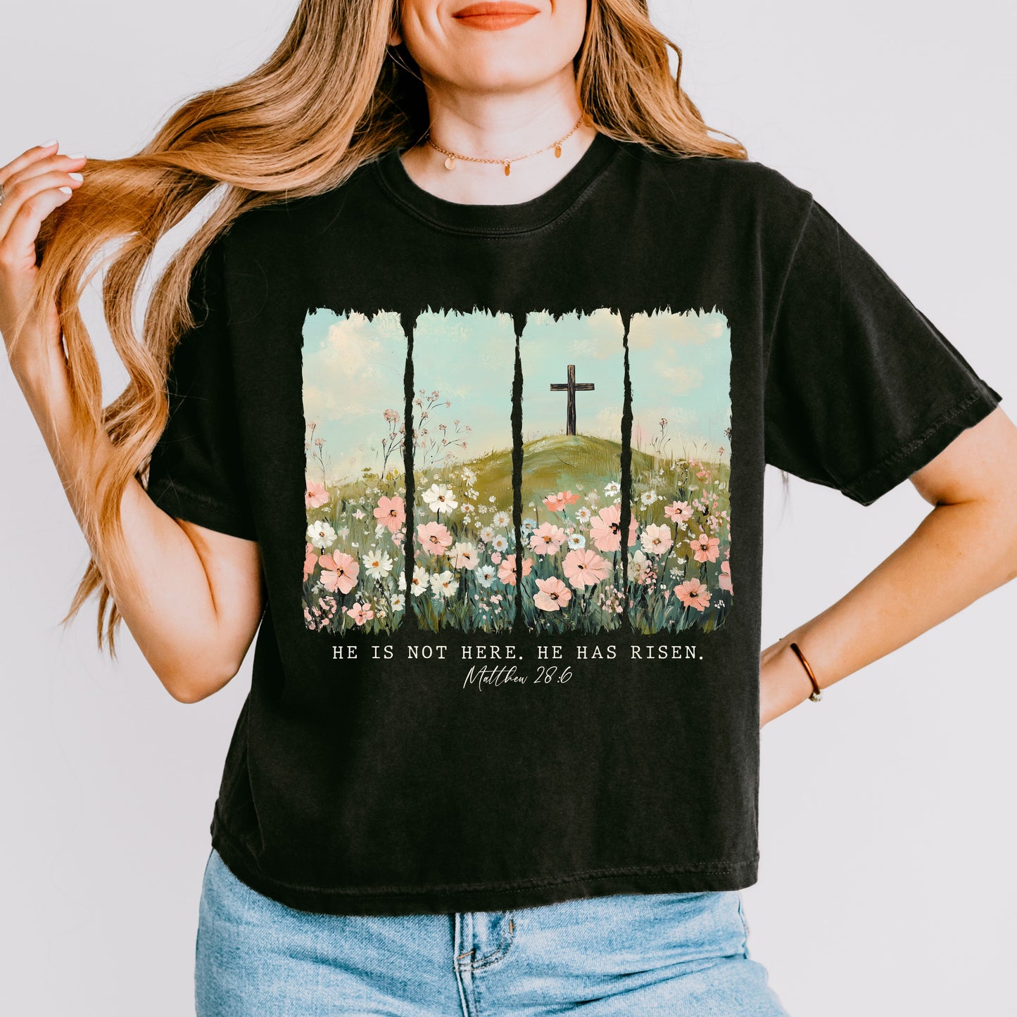 He Is Risen Easter Crop Top, Matthew 28:6 Christian Crop Tee