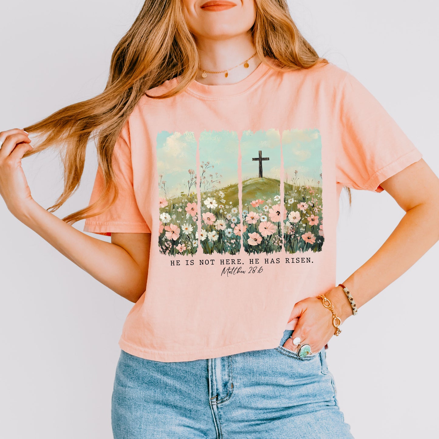 He Is Risen Easter Crop Top, Matthew 28:6 Christian Crop Tee