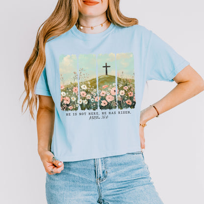 He Is Risen Easter Crop Top, Matthew 28:6 Christian Crop Tee