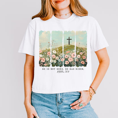 He Is Risen Easter Crop Top, Matthew 28:6 Christian Crop Tee