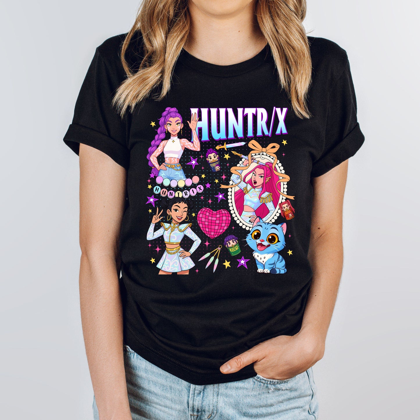 HUNTRIX KPop Demon Hunters T-Shirt, Rumi, Mira, & Zoey Anime Graphic Tee