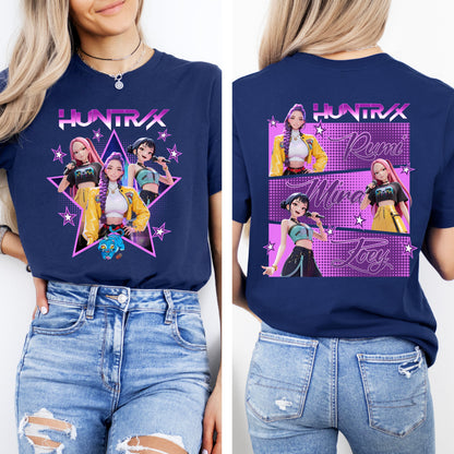Huntrix K-Pop Inspired Graphic T-Shirt, Front & Back Print Fan Tee, Rumi, Mira, & Zoey Shirt
