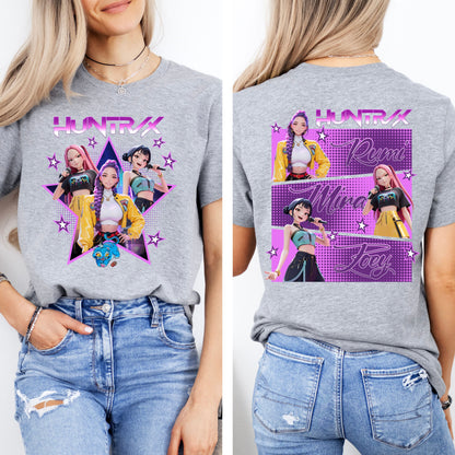 Huntrix K-Pop Inspired Graphic T-Shirt, Front & Back Print Fan Tee, Rumi, Mira, & Zoey Shirt