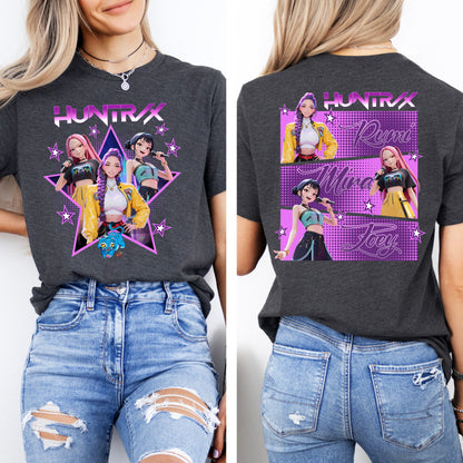 Huntrix K-Pop Inspired Graphic T-Shirt, Front & Back Print Fan Tee, Rumi, Mira, & Zoey Shirt