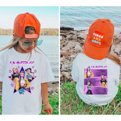 Huntrix K-Pop Inspired Graphic T-Shirt, Front & Back Print Fan Tee, Rumi, Mira, & Zoey Shirt