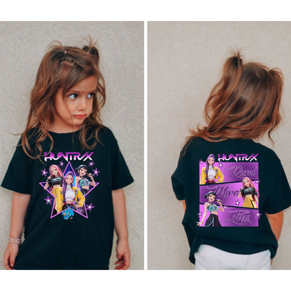Huntrix K-Pop Inspired Graphic T-Shirt, Front & Back Print Fan Tee, Rumi, Mira, & Zoey Shirt