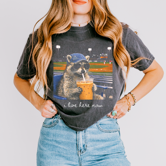 I Live Here Now Raccoon Crop Top, Funny Baseball Game Shirt