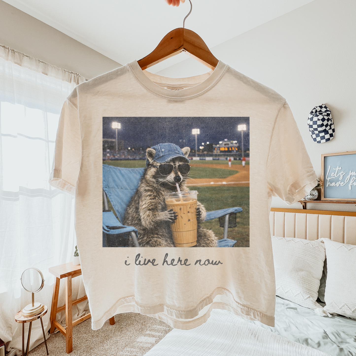 I Live Here Now Raccoon Crop Top, Funny Baseball Game Shirt