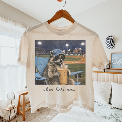 I Live Here Now Raccoon Crop Top, Funny Baseball Game Shirt