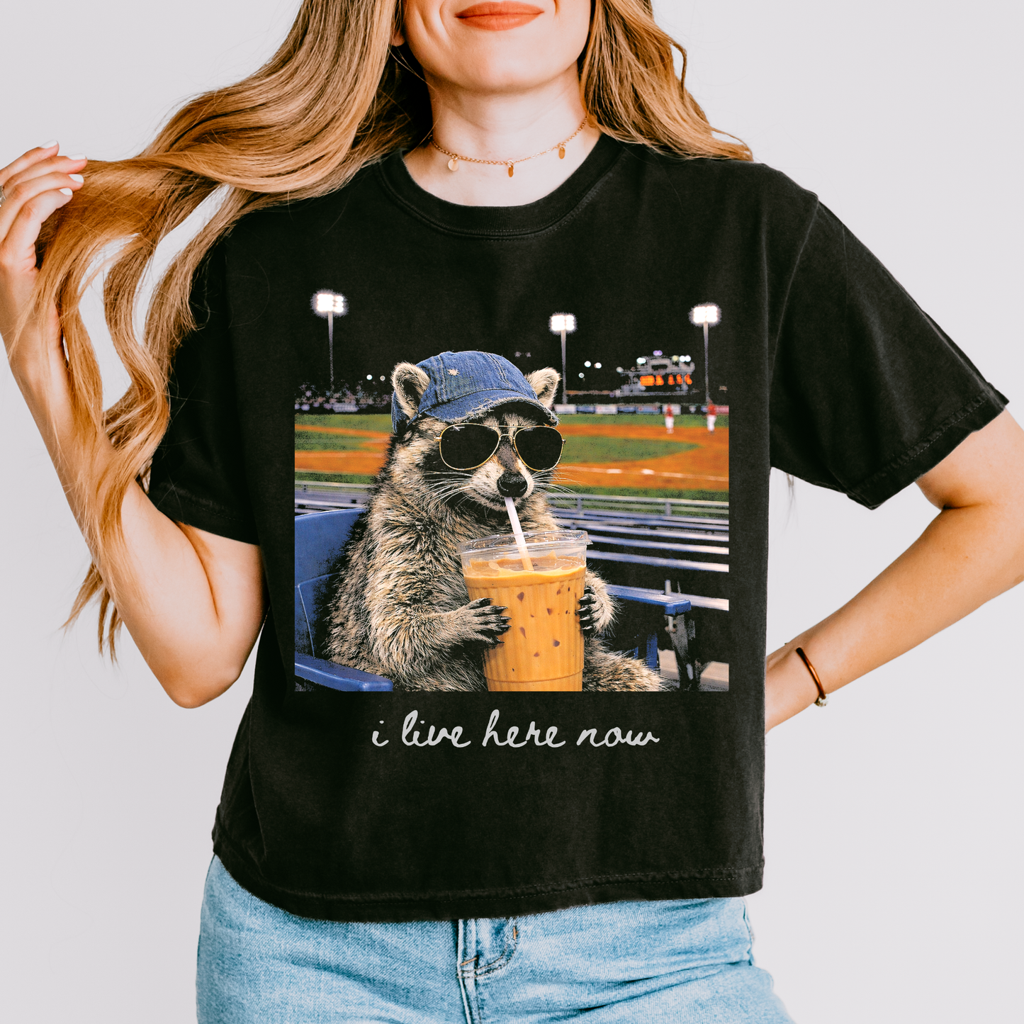 I Live Here Now Raccoon Crop Top, Funny Baseball Game Shirt