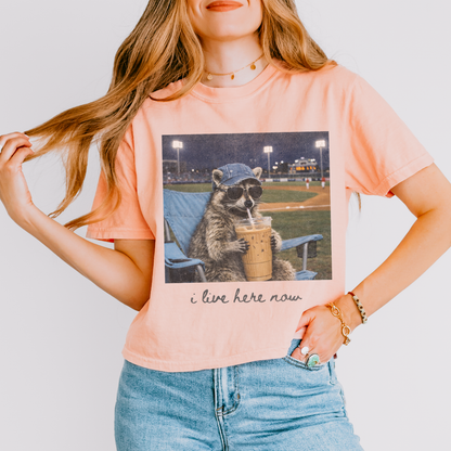 I Live Here Now Raccoon Crop Top, Funny Baseball Game Shirt