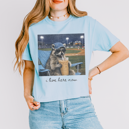 I Live Here Now Raccoon Crop Top, Funny Baseball Game Shirt