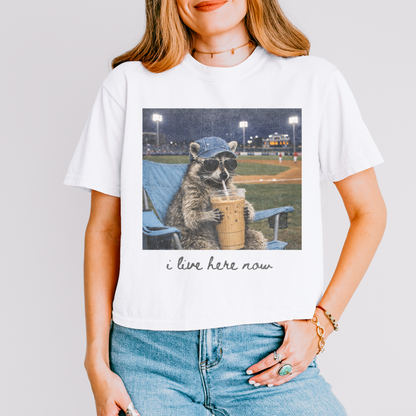 I Live Here Now Raccoon Crop Top, Funny Baseball Game Shirt