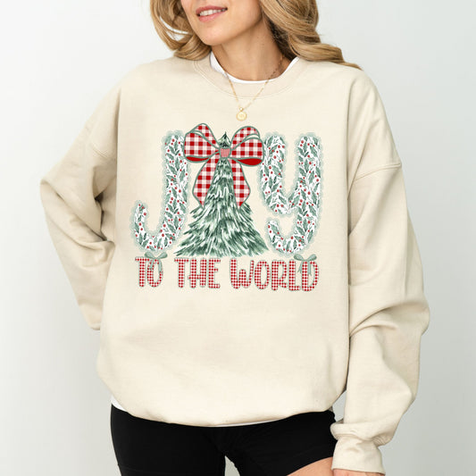Joy To The World Christmas Sweatshirt | Vintage Plaid Bow & Tree Holiday Crewneck