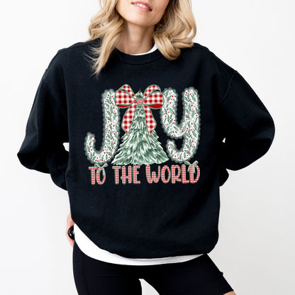 Joy To The World Christmas Sweatshirt | Vintage Plaid Bow & Tree Holiday Crewneck