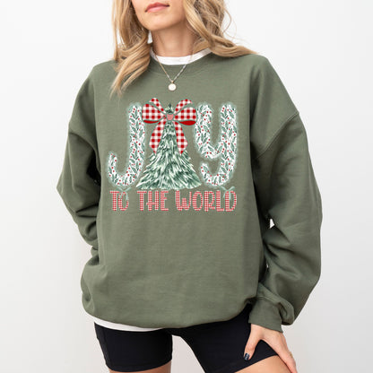 Joy To The World Christmas Sweatshirt | Vintage Plaid Bow & Tree Holiday Crewneck