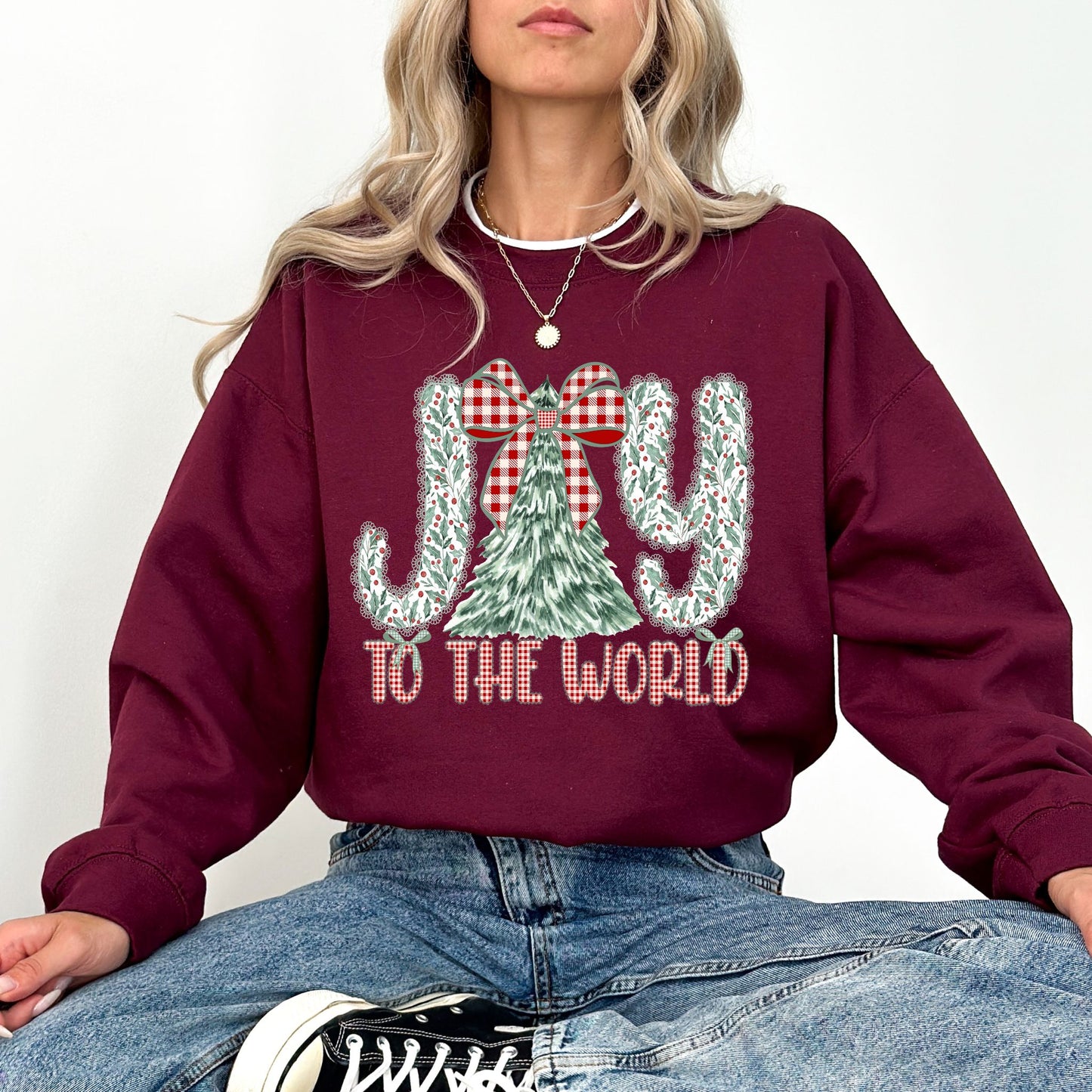 Joy To The World Christmas Sweatshirt | Vintage Plaid Bow & Tree Holiday Crewneck
