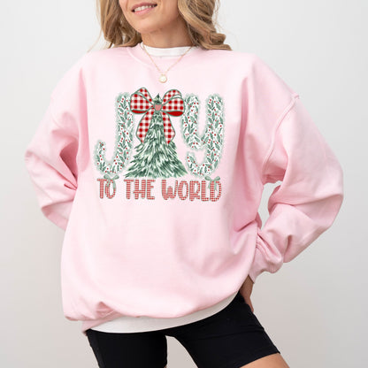 Joy To The World Christmas Sweatshirt | Vintage Plaid Bow & Tree Holiday Crewneck