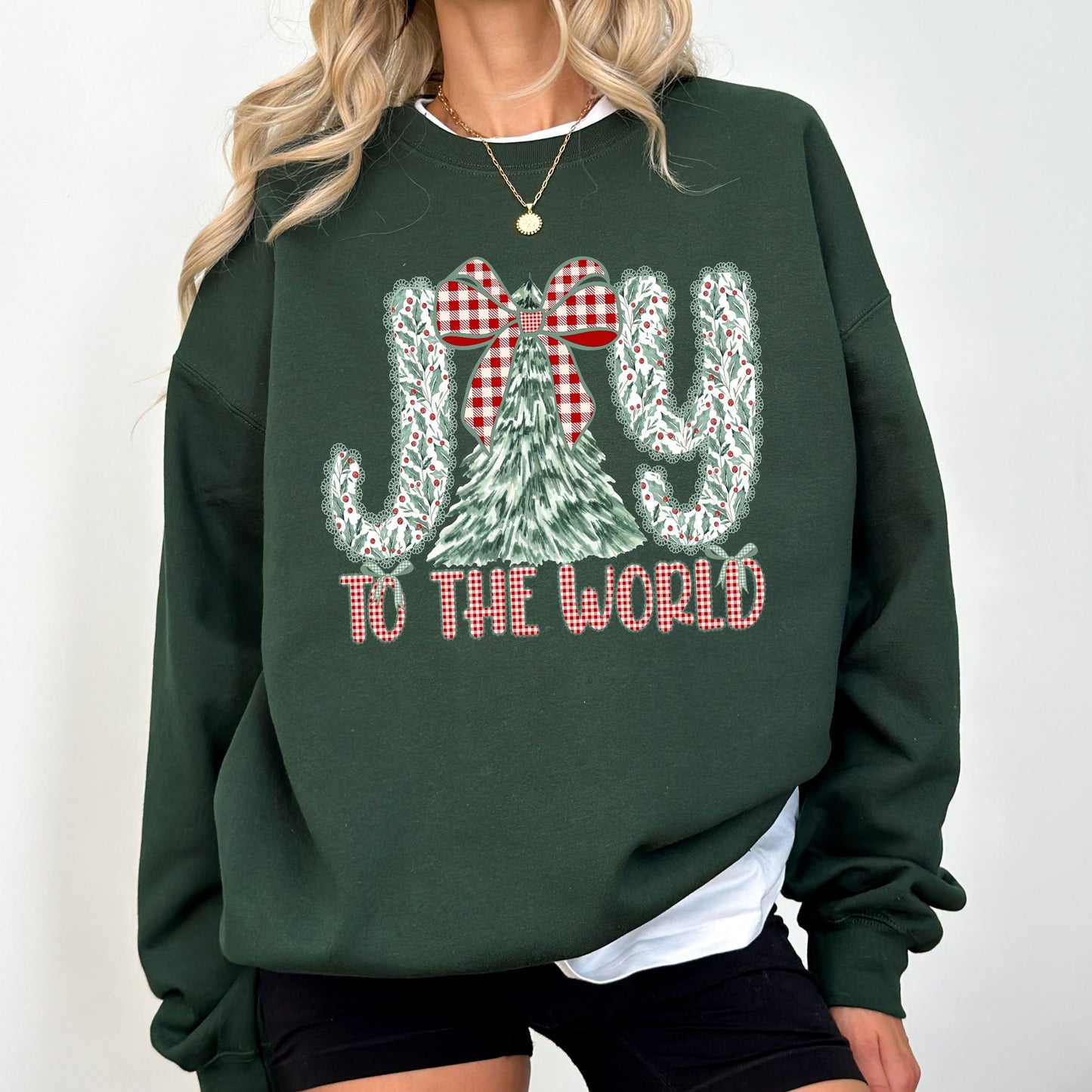 Joy To The World Christmas Sweatshirt | Vintage Plaid Bow & Tree Holiday Crewneck