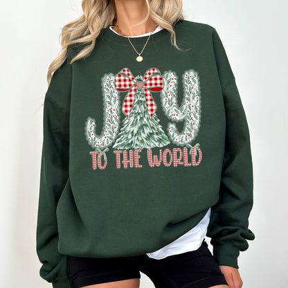 Joy To The World Christmas Sweatshirt | Vintage Plaid Bow & Tree Holiday Crewneck