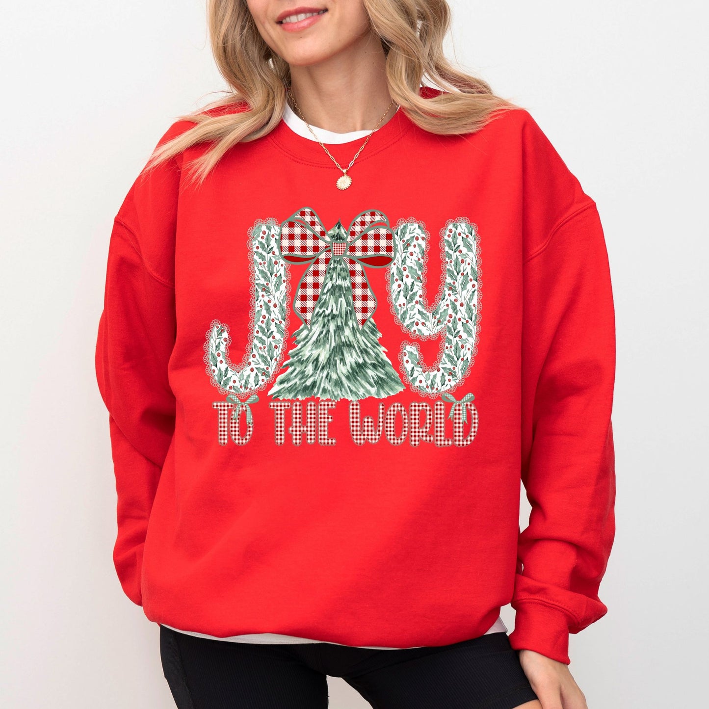 Joy To The World Christmas Sweatshirt | Vintage Plaid Bow & Tree Holiday Crewneck