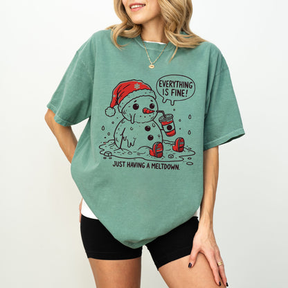 Everything Is Fine Snowman T-Shirt – “Just Having a Meltdown” Christmas Tee