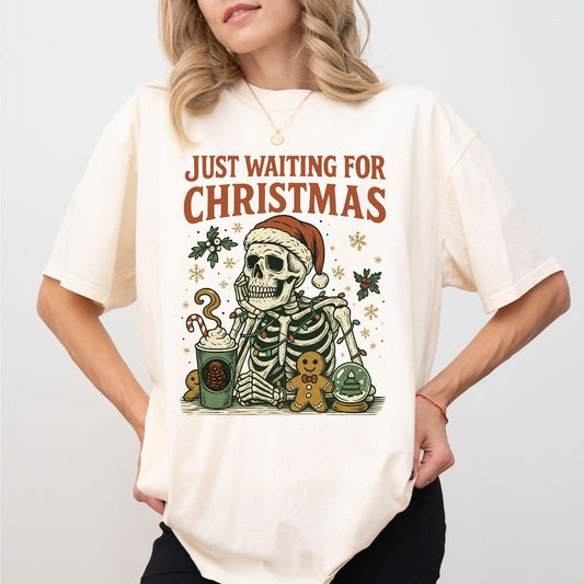 Just Waiting For Christmas Comfort Colors® T-Shirt – Retro Skeleton Holiday Tee