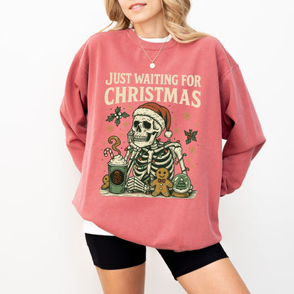 Just Waiting For Christmas Comfort Colors® Sweatshirt – Retro Skeleton Holiday Crewneck