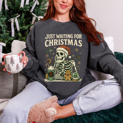 Just Waiting For Christmas Comfort Colors® Sweatshirt – Retro Skeleton Holiday Crewneck