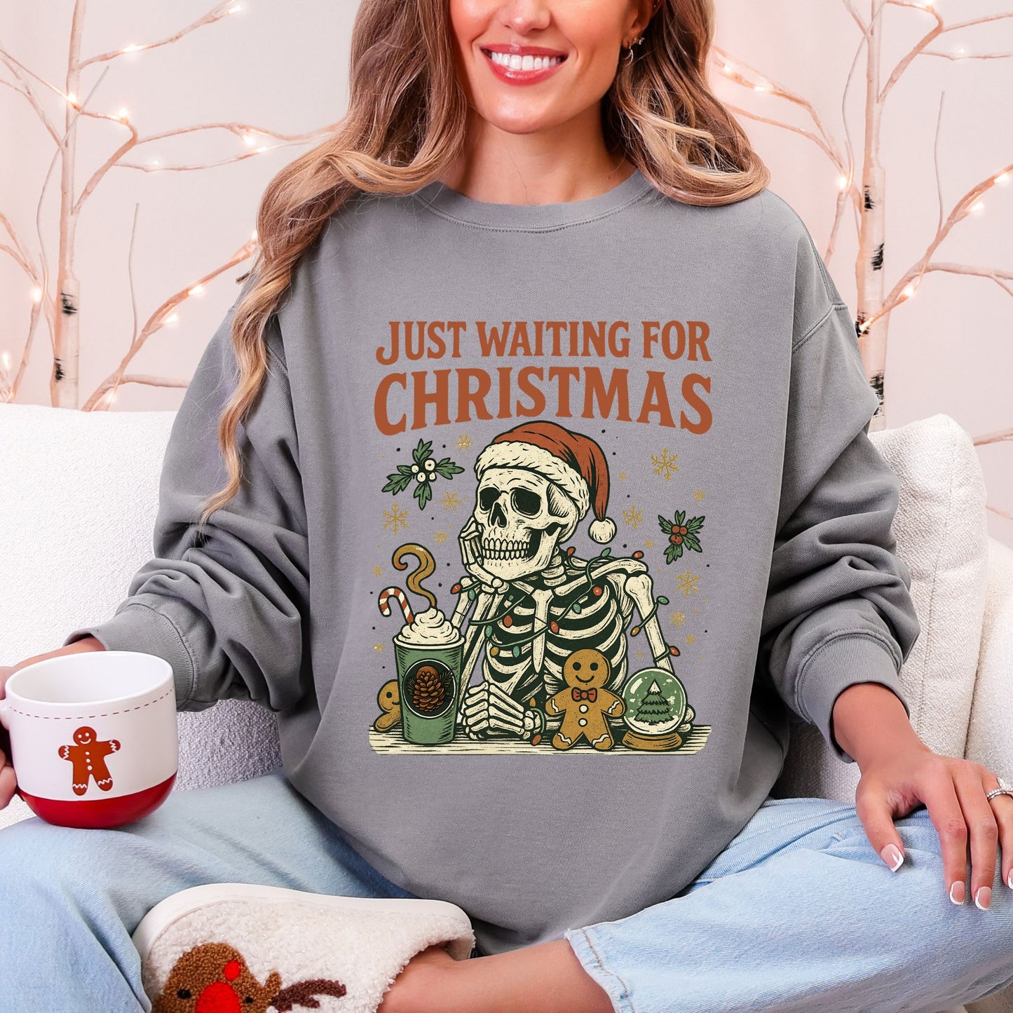 Just Waiting For Christmas Comfort Colors® Sweatshirt – Retro Skeleton Holiday Crewneck