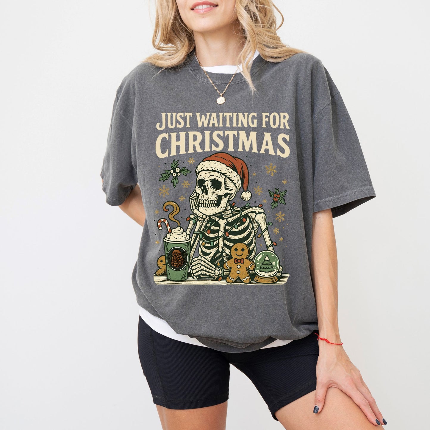 Just Waiting For Christmas Comfort Colors® T-Shirt – Retro Skeleton Holiday Tee