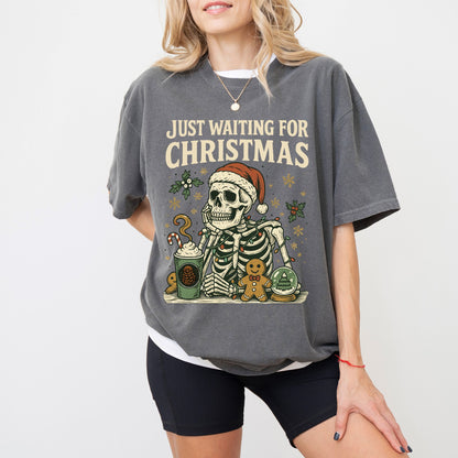 Just Waiting For Christmas Comfort Colors® T-Shirt – Retro Skeleton Holiday Tee