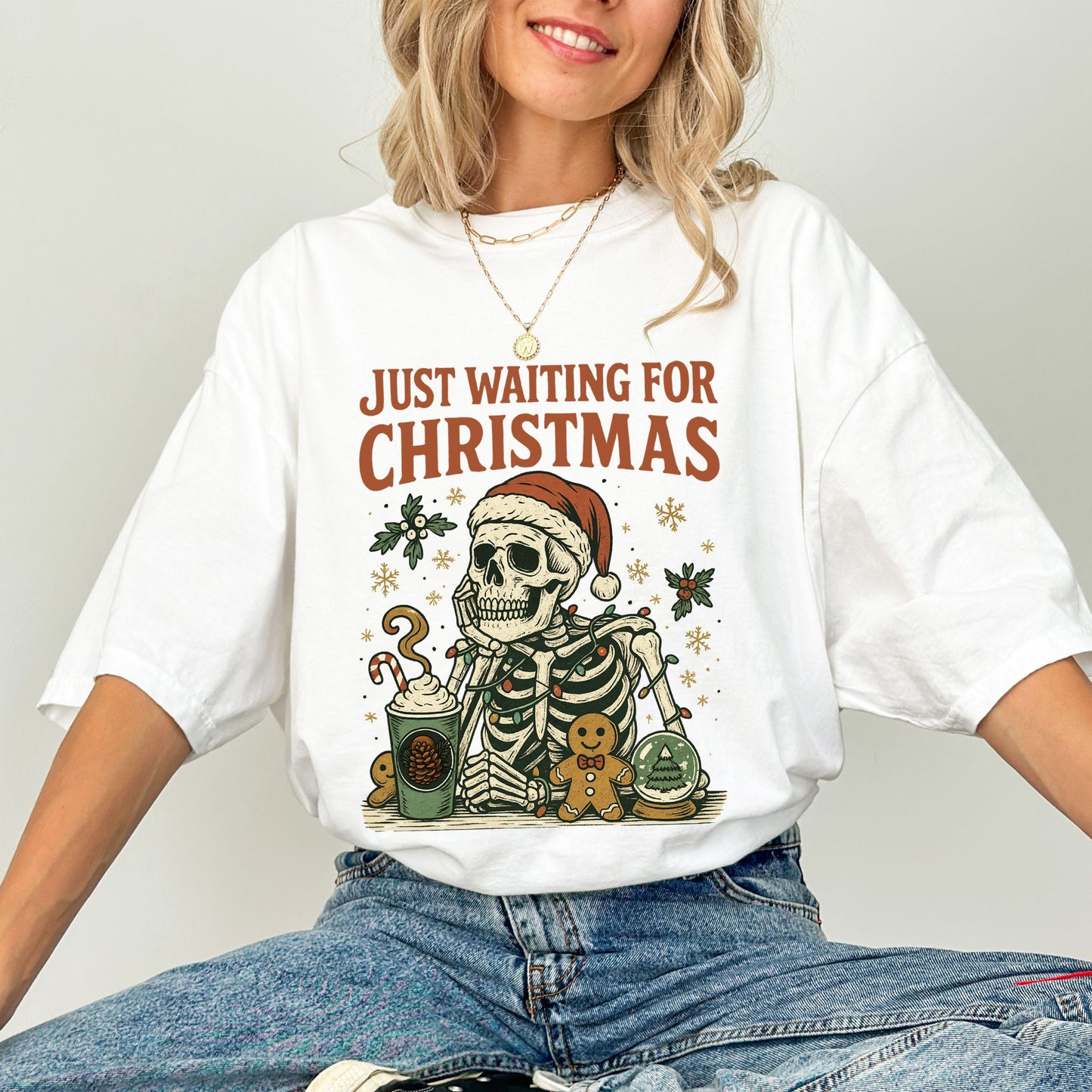 Just Waiting For Christmas Comfort Colors® T-Shirt – Retro Skeleton Holiday Tee