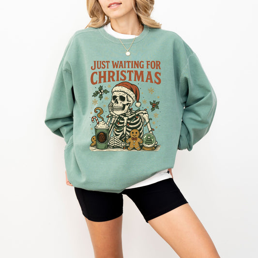 Just Waiting For Christmas Comfort Colors® Sweatshirt – Retro Skeleton Holiday Crewneck