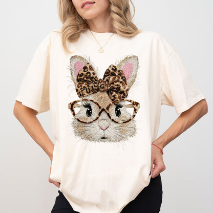 Leopard Bow Bunny Graphic T-Shirt, Cute Rabbit Glasses Tee for Women