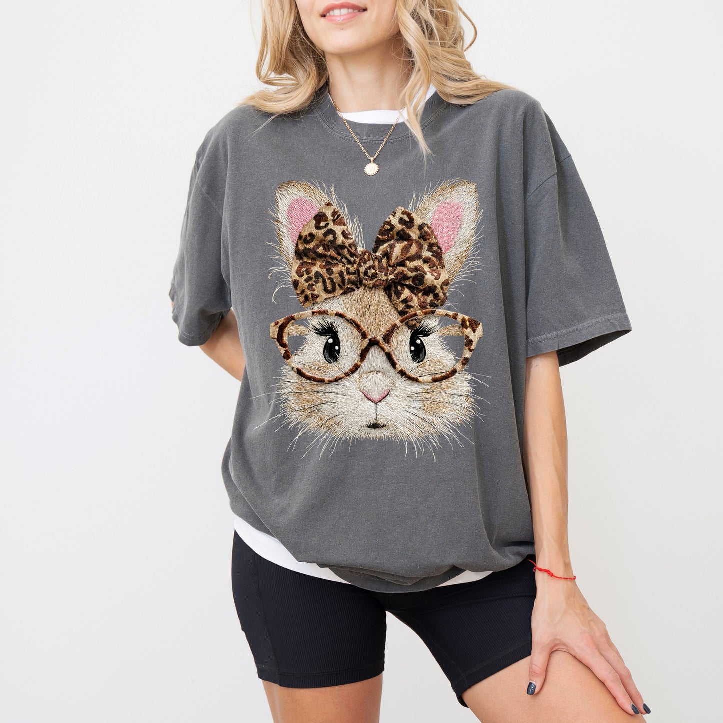 Leopard Bow Bunny Graphic T-Shirt, Cute Rabbit Glasses Tee for Women