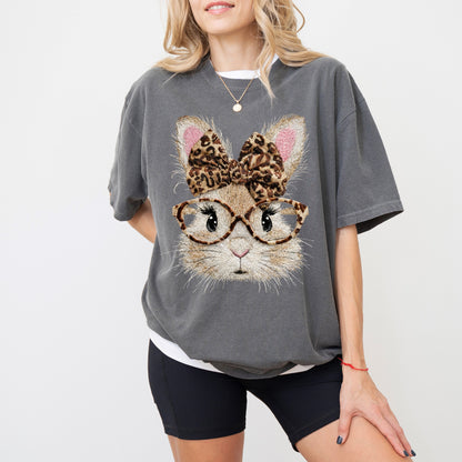 Leopard Bow Bunny Graphic T-Shirt, Cute Rabbit Glasses Tee for Women