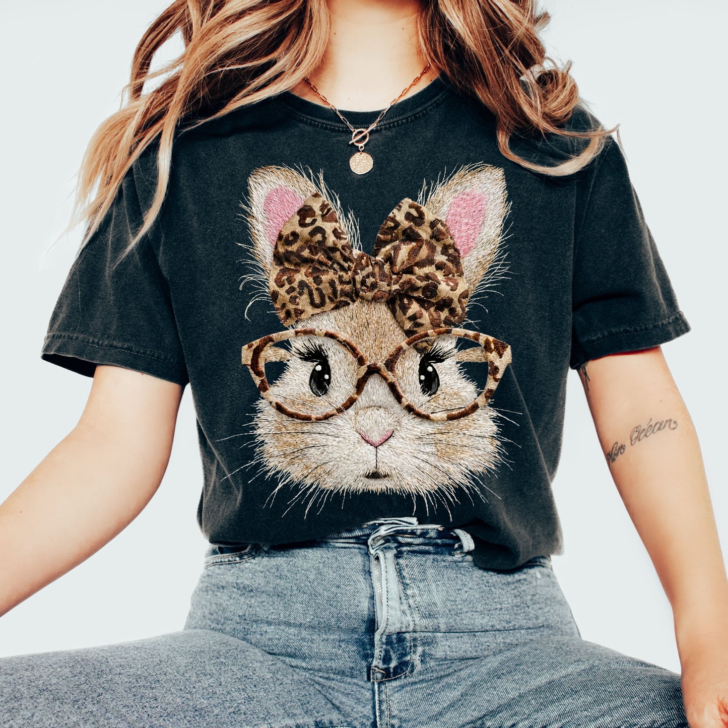 Leopard Bow Bunny Graphic T-Shirt, Cute Rabbit Glasses Tee for Women