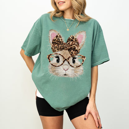 Leopard Bow Bunny Graphic T-Shirt, Cute Rabbit Glasses Tee for Women