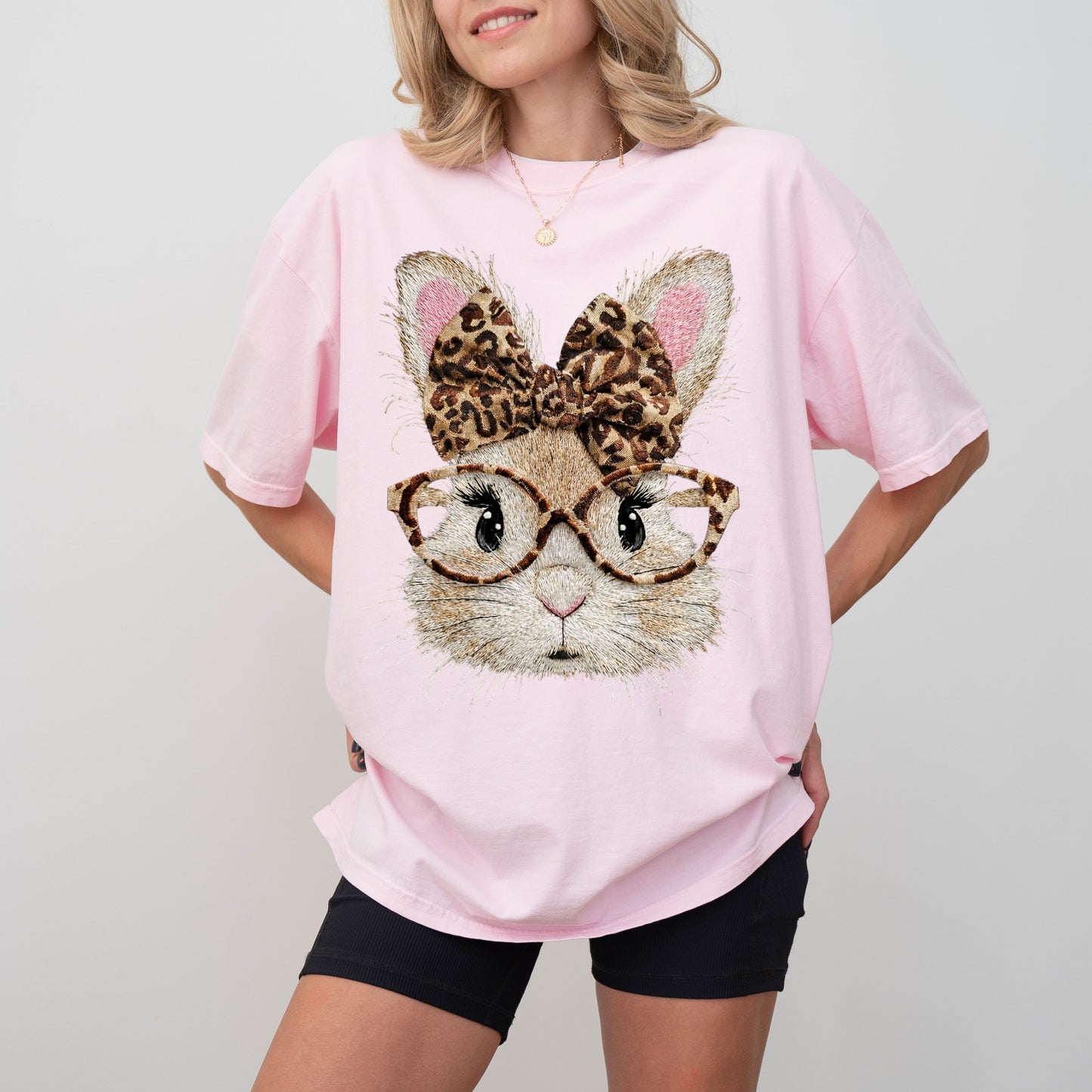 Leopard Bow Bunny Graphic T-Shirt, Cute Rabbit Glasses Tee for Women