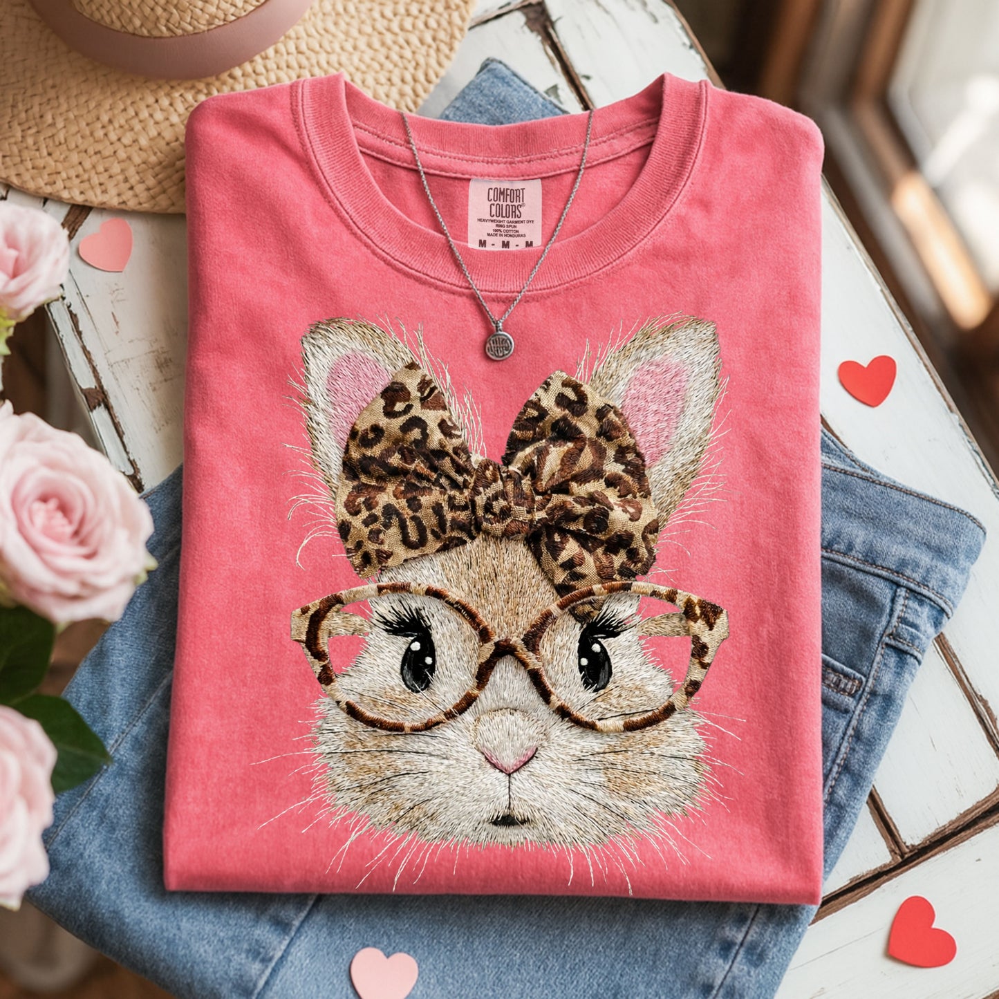 Leopard Bow Bunny Graphic T-Shirt, Cute Rabbit Glasses Tee for Women
