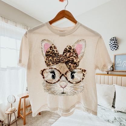 Leopard Bow Bunny Crop Top, Cute Rabbit Glasses Graphic Tee