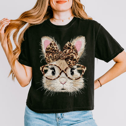 Leopard Bow Bunny Crop Top, Cute Rabbit Glasses Graphic Tee